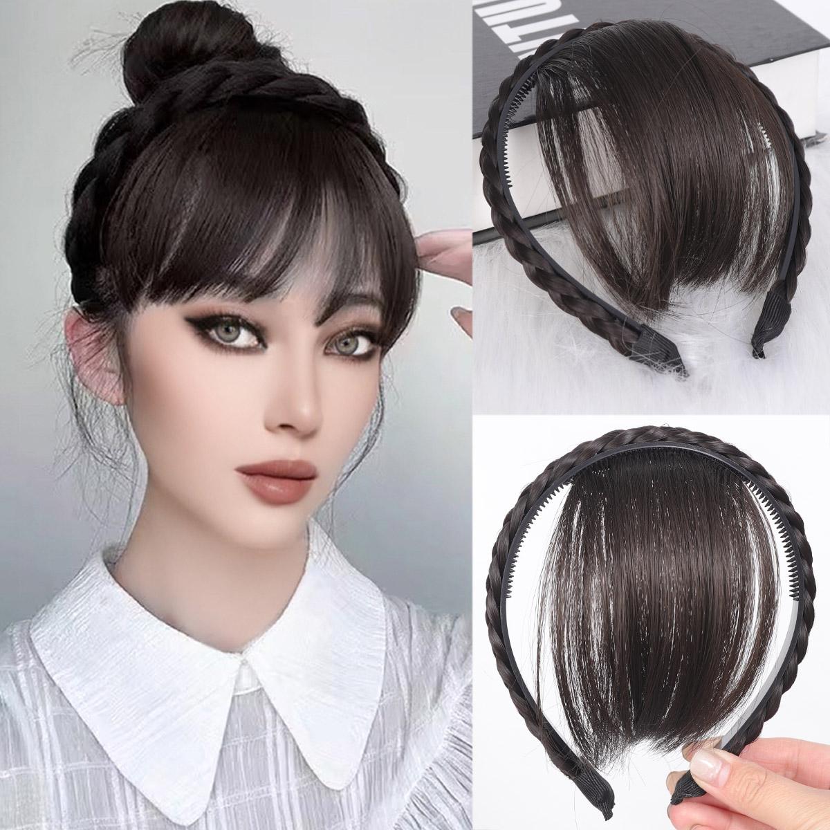 

Синтетические накладные прямые волосы с челкой. Аккуратные плетеные завитки из жареного теста. Повязка на голову. Жаропрочная воздушная челка. Наращивание волос. Шиньоны. 5inch