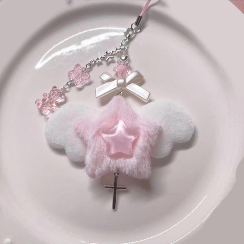 Bowknot Phone Chain Angel Wing Pendant Keychain Sweet Cool Phone Lanyard Acrylic Keyring Bag Ornament