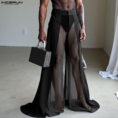 Pantaloni Lunghi da Uomo con Cerniera in Vita Rete Trasparenti Gamba Larga