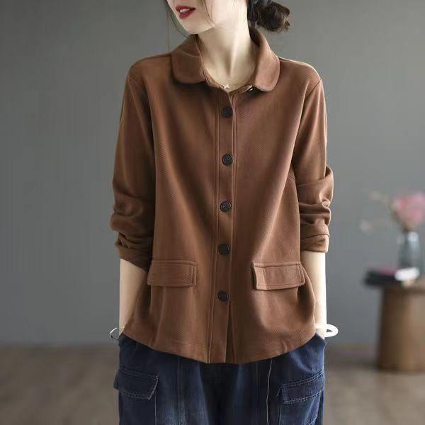 Autumn Blouse Women's Retro Literary Commuter Solid Color Loose Single-breasted Jacket