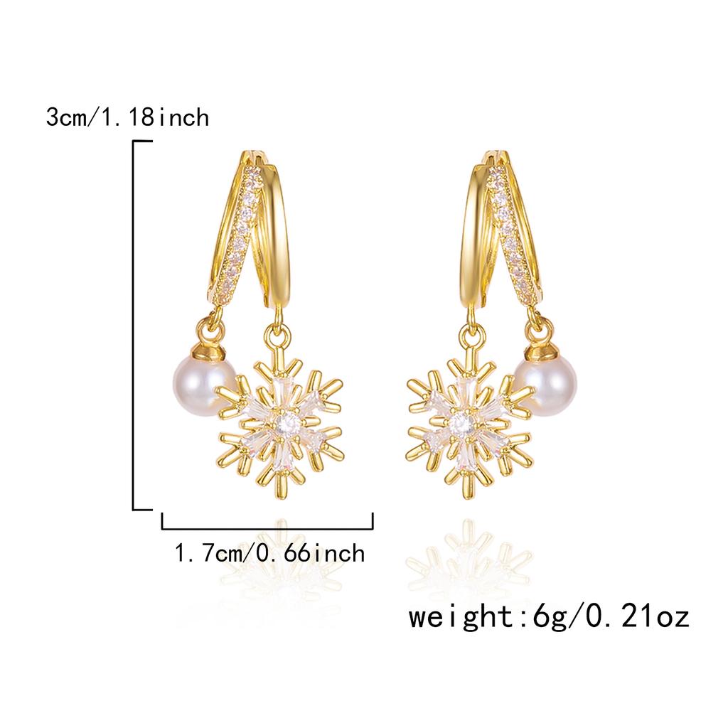 Fashion Christmas Snowflake Zircon Crystal Pearl Gold Color Earrings Stud Dangle Xmas Jewelry Women Party Gift