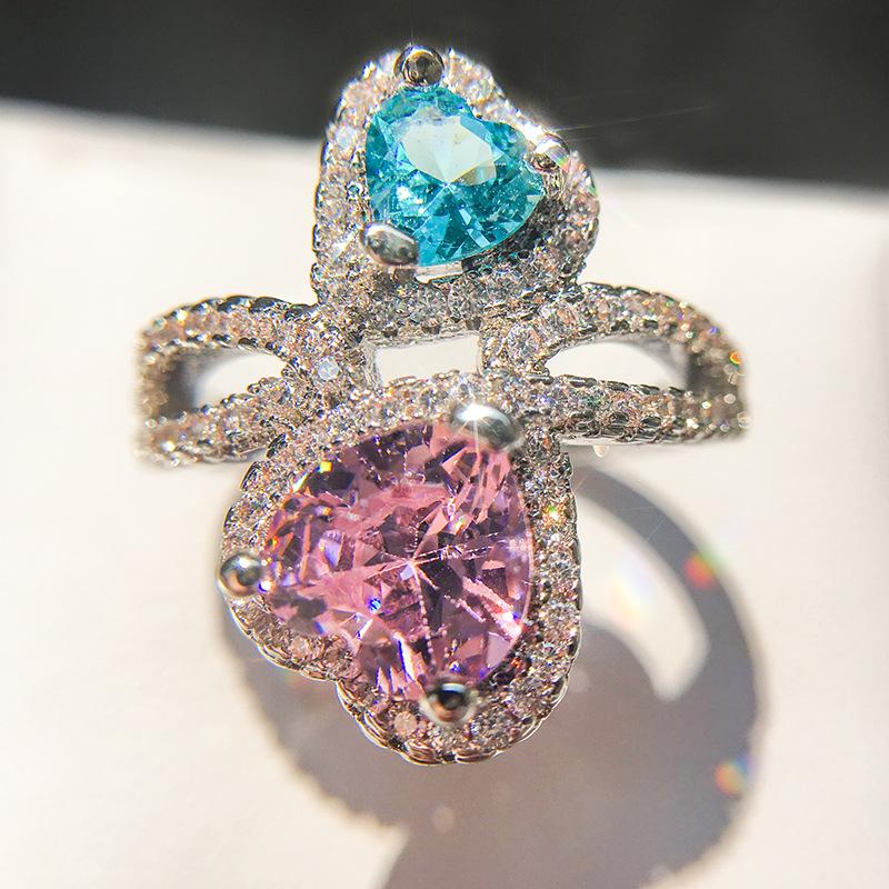 European  American Fashion Rhinestone Crystal Double Heart Ring Size 8
