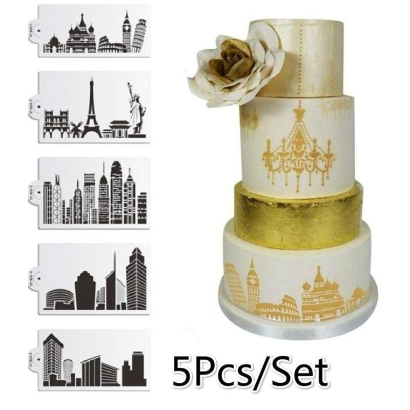 5 ks/sada Šablona na dort Pečicí forma Opakovaně použitelná Airbrush Eiffelova věž Socha Svobody Malování Umění DIY