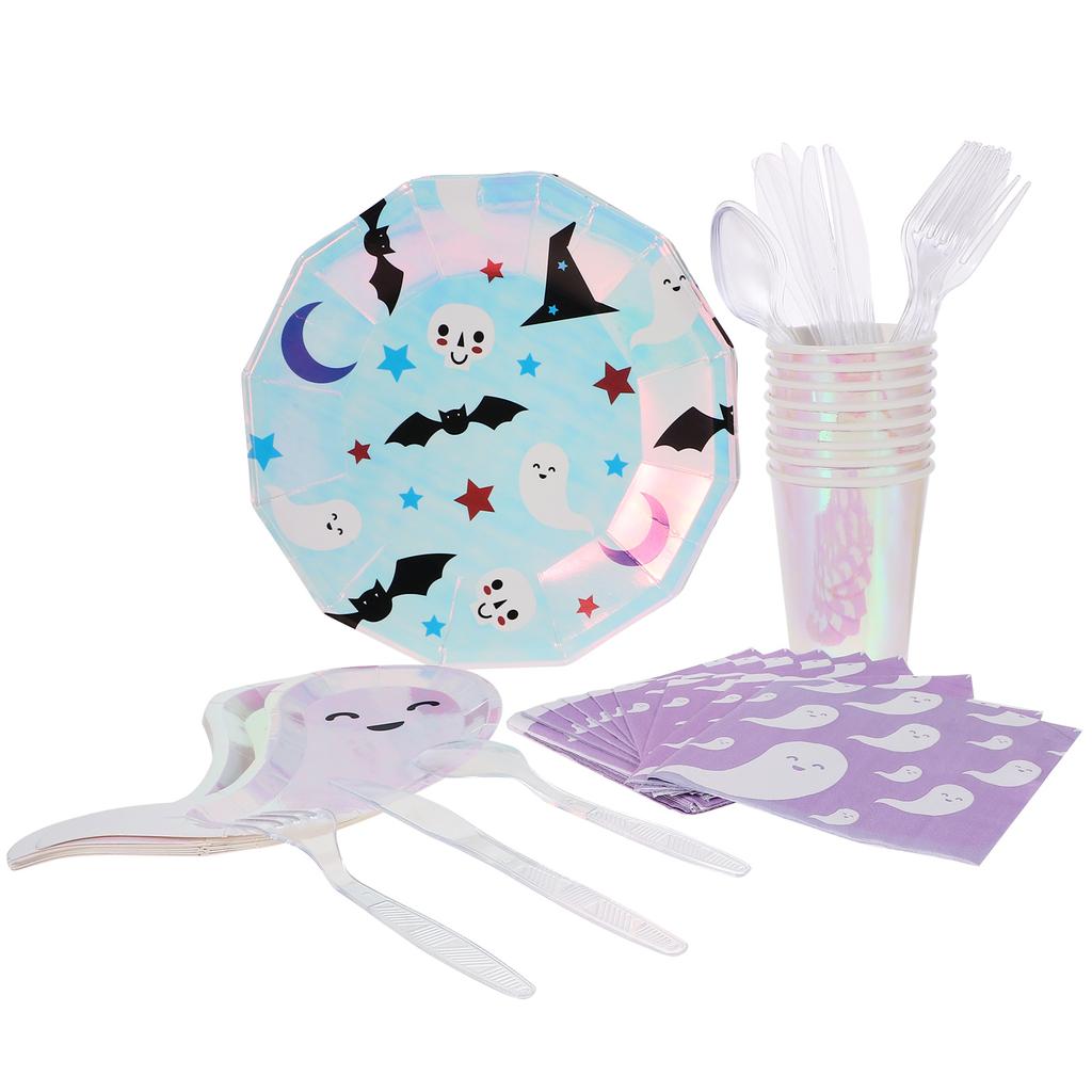 68pcs Halloween Disposable Tableware Fork Spoon Set Paper Plate Cup Cutlery Set Spooky Ghost Paper Cup Set Design