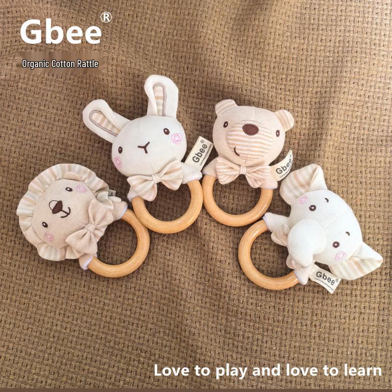 Organic Cotton Wooden Animal Ring Rattle & Baby Comfort Doll Gift Set