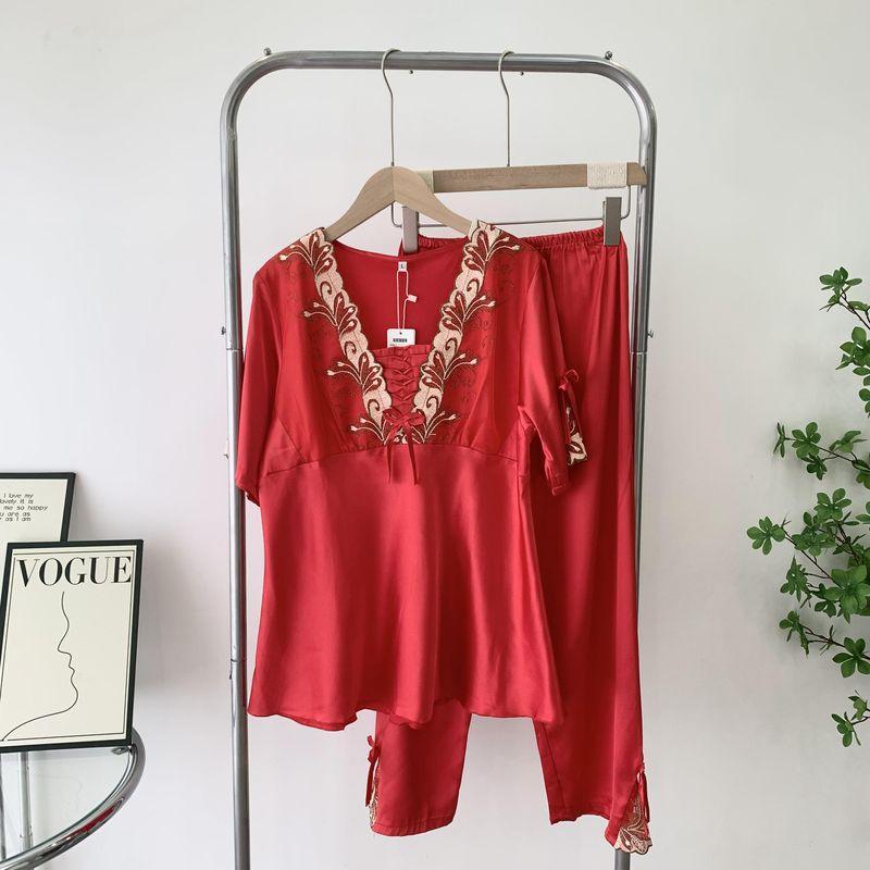 Special Pajama Summer Short Sleeve Trousers Lace Embroidery Nipple Coverage Silk Homewear Two-piece Set Suitable for Daily Wear Suit