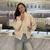 Vintage Contrast Color Womens Loose Fit High Neck Zip Up Jacket Casual Long Sleeve Striped Plaid Top