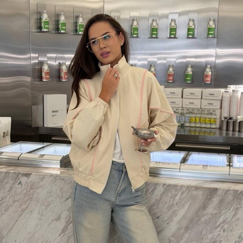 Vintage Contrast Color Womens Loose Fit High Neck Zip Up Jacket Casual Long Sleeve Striped Plaid Top