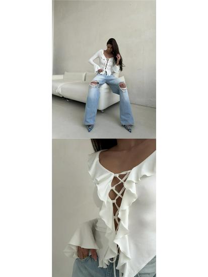 European & American V-neck Lace-up Ruffle Bell Sleeve Top