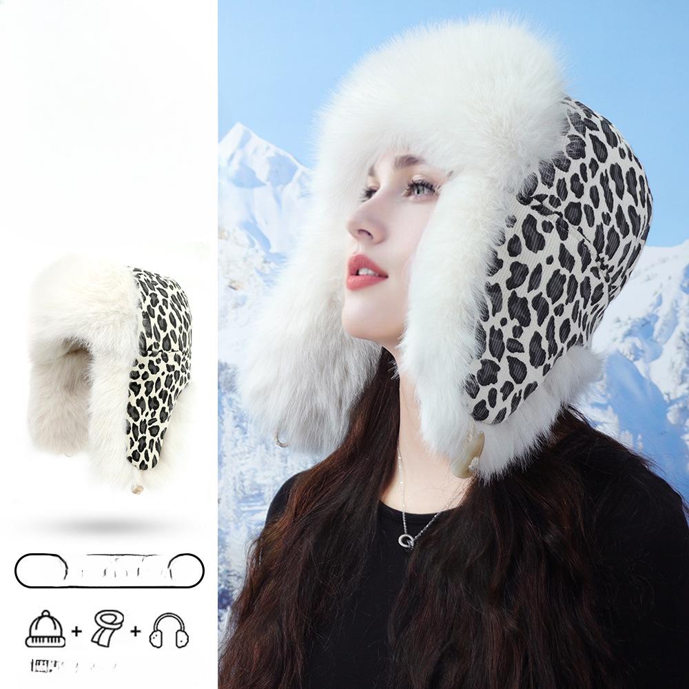 Winter Hat for Women Warm Outdoor Cycling Ear Protection Fashionable Versatile Leopard Print Cold Proof Plus Velvet Thickened Lei Feng Hat for Men