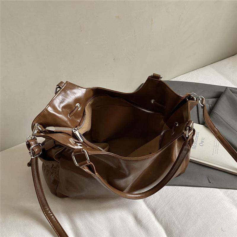 Large Capacity PU Tote Bag Women Fashion Shoulder Bag With Drawstring Detail Soft Texture Handbag Everyday Use