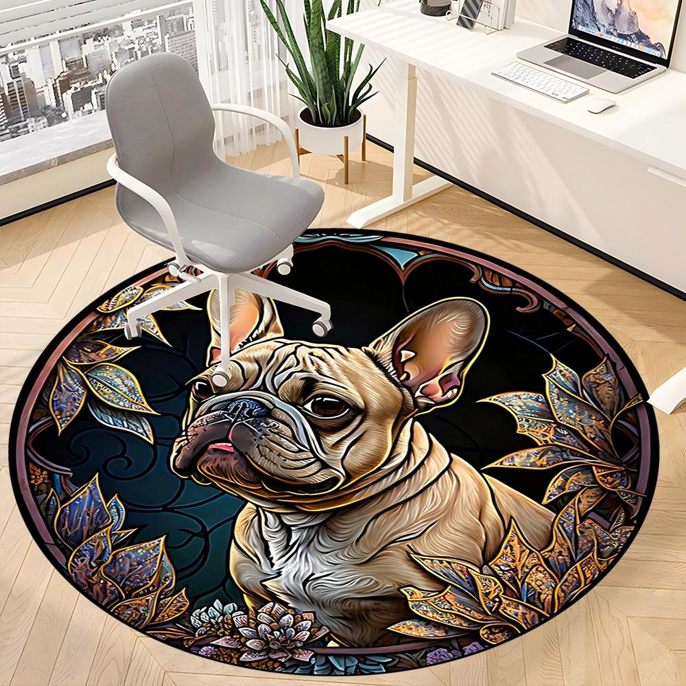1PC Stained Glass Bulldog Office Round Area Rug, Mat Suitable ForOffice, Under Office Chairs Bedroom Living Room Home Decor, Room Deco