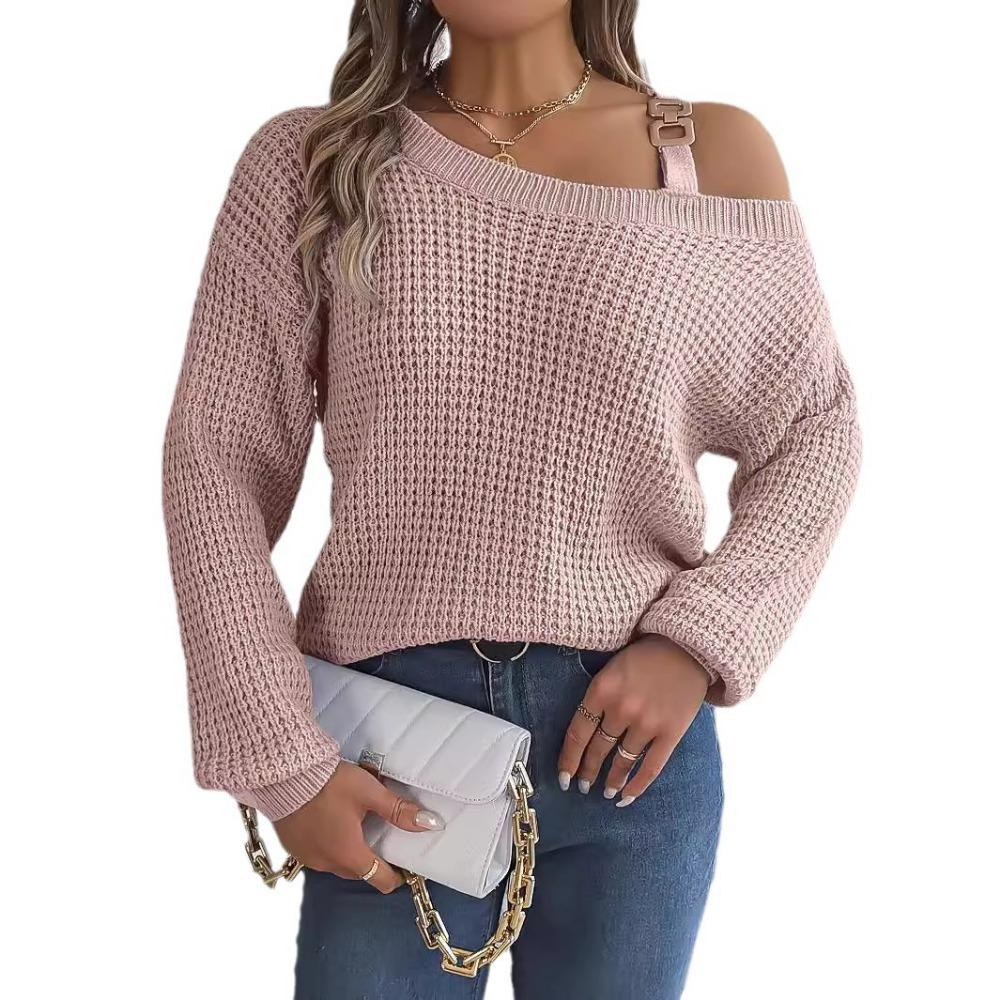 Damesweatshirt Høst/Vinter Casual Metallspenne Lappverk Off-Shoulder Klokkeermer Pullover Strikk Damer Strikket Topp