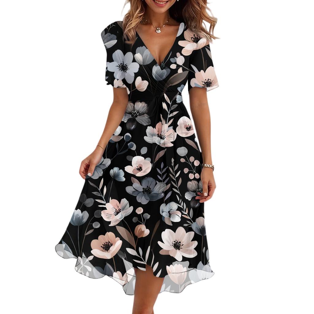 Dámské módní ležérní šaty s výstřihem do V, krátkým rukávem, volánky a vintage potiskem