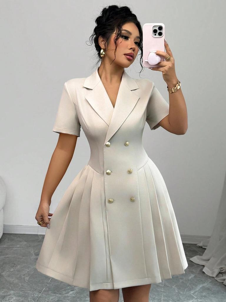 Autumn women's new skirt solid color short-sleeved waist double-breasted dress