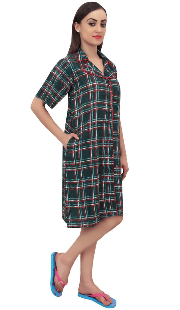 Bimba Check Print Green Women Sleepshirt Sleepwear Button - Front Nightshirt -