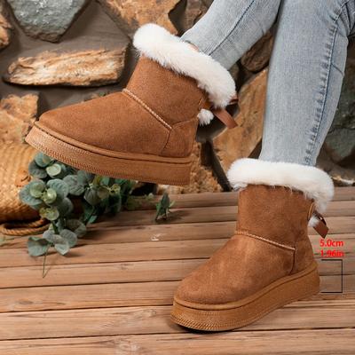 Snow Boots Winter New Round Toe Suede Sleeve Rear Bow Platform Anti-Slip Wear-Resistant Plush Shorthole Boots