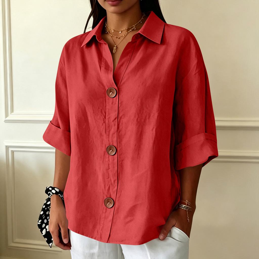 Women's Casual Loose Fit Button Down Shirt Three Quarter Sleeve Collared Blouse Lightweight Soft Fabric Relaxed Style