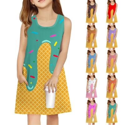 Sommerkleid für Mädchen, ärmellos, bedruckt, farbig, lässig, mit Tasche