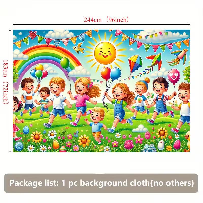 2D Happy Kids Playing with Rainbow Backdrop Party Photo Background Cloth 47.2x31.5inch/120*80cm