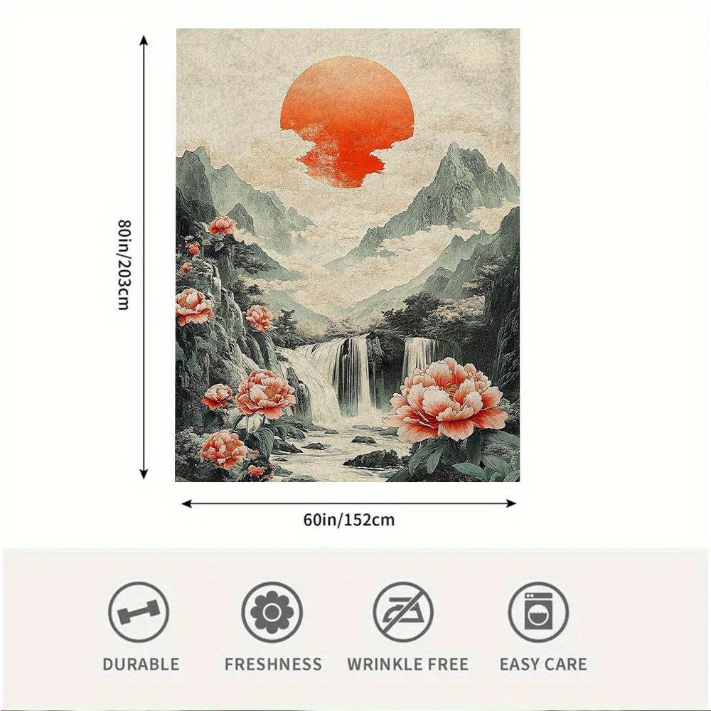 1Pc Vintage-Inspired Mountain & Sunset Printed Blanket, 60X80 Inch, Soft Cotton Fabric, Ideal For Family Travel And Camping