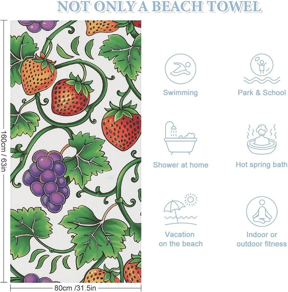 Vines and Fruits Beach Towels Oversized Sand Free Microfiber Towel Quick Dry Ultra Absorbent Bath Towel Lightweight Travel