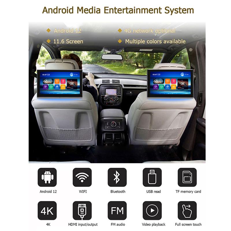 11.6"Headrest Monitor Display lPS Android 12 Tablet Touch Screen For Car Rear Seat PlayerVideo Music FM Bluetooth AirPlay