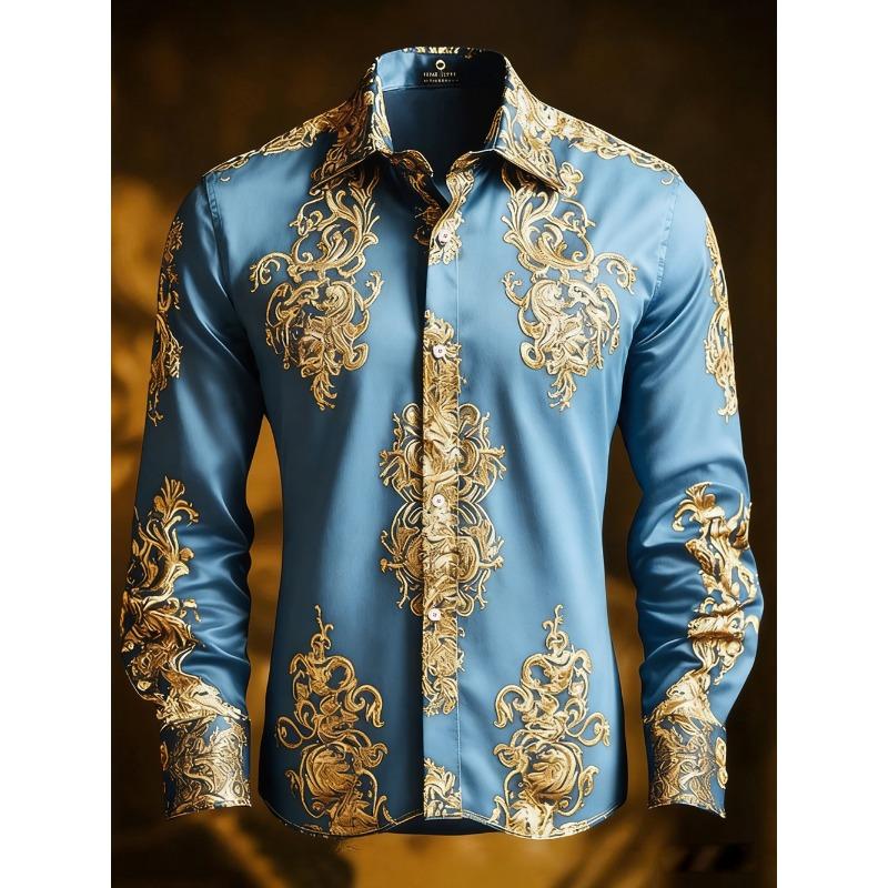 2026 Men's Light Luxury Retro Long Sleeve Shirt Gold 3D Printed Shirt Beach Vacation Outdoor Social Clothing Men