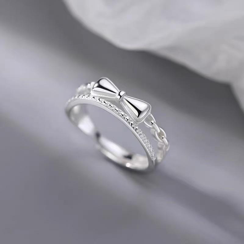 Sweet Cute Double Layered Bowknot Rings for Women Girls Light Luxury Exquisit Silver Color Adjustable Rings Jewelry Accessories