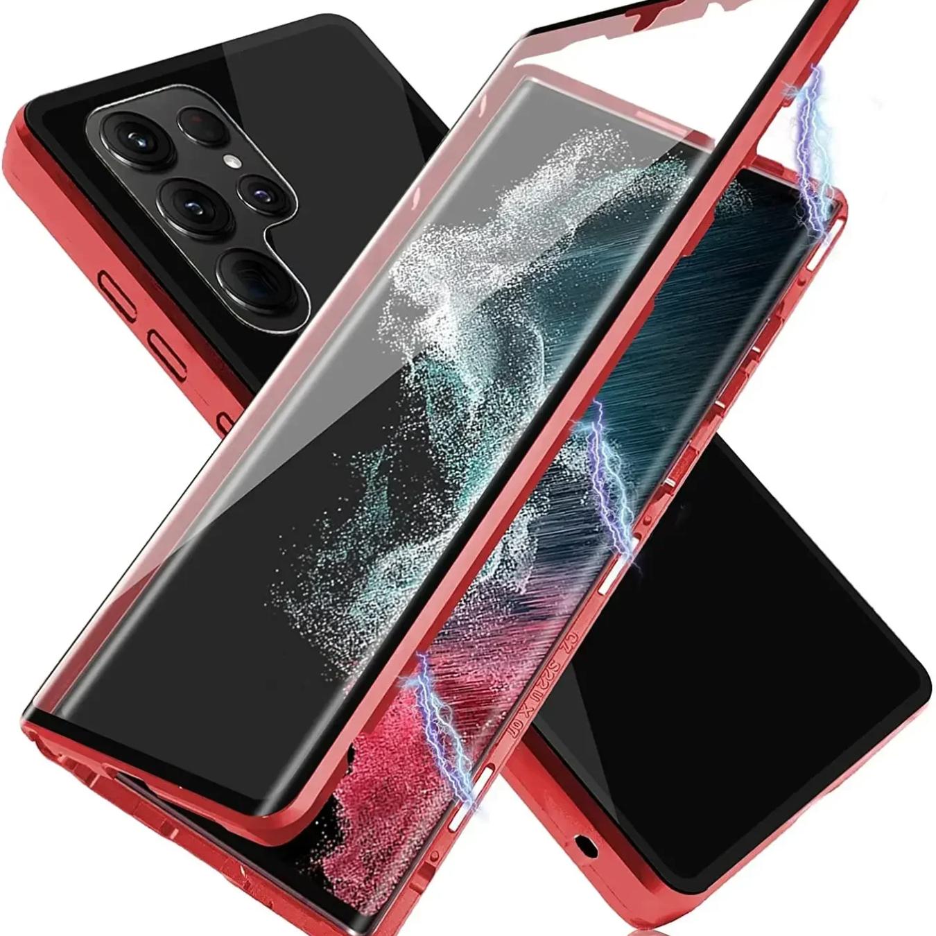 

Металлический магнитный чехол для Samsung Galaxy A56 A36 S22 S23 FE S24 S25 Ultra Plus Двустороннее стекло Адсорбция Закаленное стекло Крышка For Galaxy S25 Ultra красный