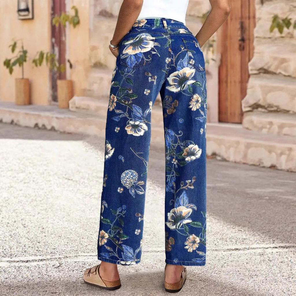New Floral Pattern Straight-leg High-waisted Jeans, Retro Random Print Loose Wide-leg Jeans