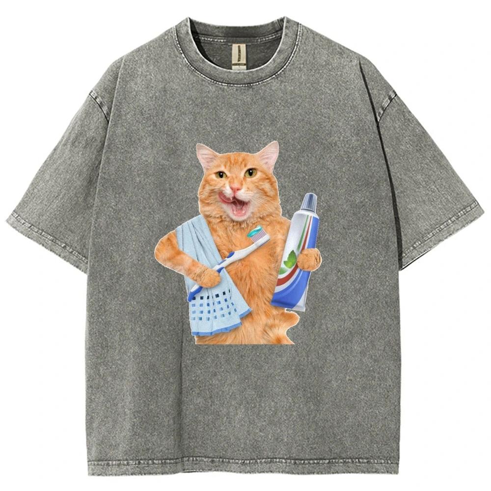 

Neutral Washed Tshirt with Cute Cartoon Cat Design Cool and Customizable Casual Tshirt Suitable for Both Men and Women S