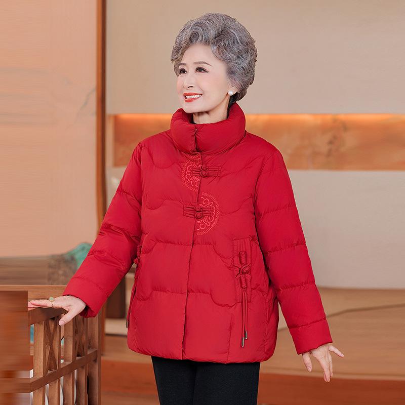 Red Chinese Style Winter Down Jacket for Middle-aged and Elderly Women: Warm, Thick Cotton Coat