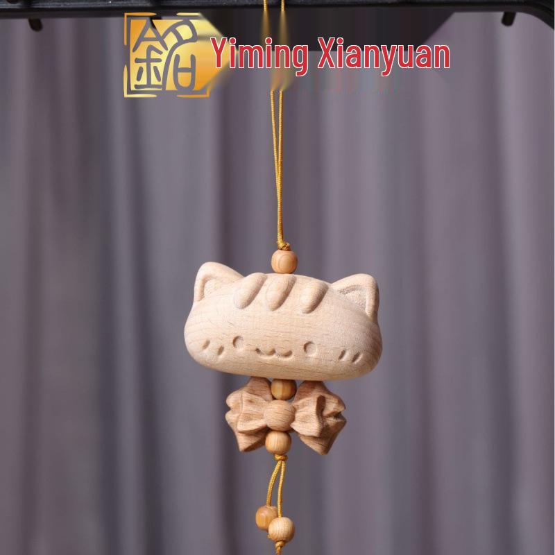 Golden Wood Carved Bow Knot Kitten Cushion Pendant - Blood Cypress Joy Plate Bag Phone Charm