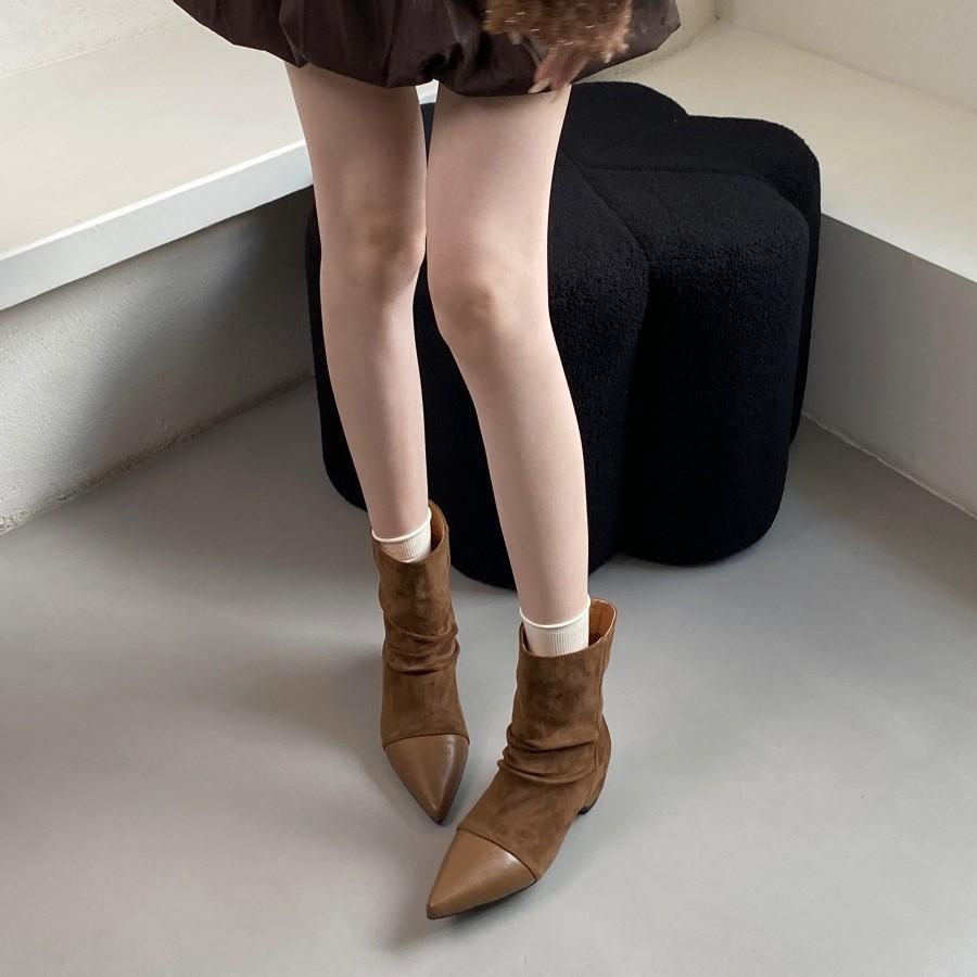 Women's shoes real shot pointed retro elastic boots autumn and winter suede splicing thin boots rear zipper versatile solid color
