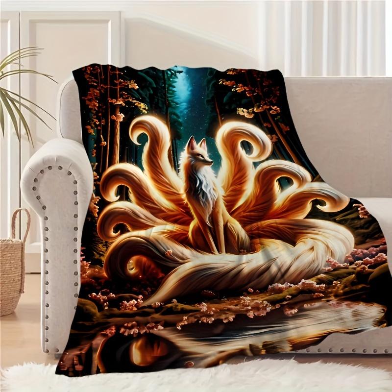 Glam Style Nine-Tailed Fox Mythical Animal Art Blanket -Digital Print Soft All-Season Multi-Purpose Throw for Nap, Sofa & Travel