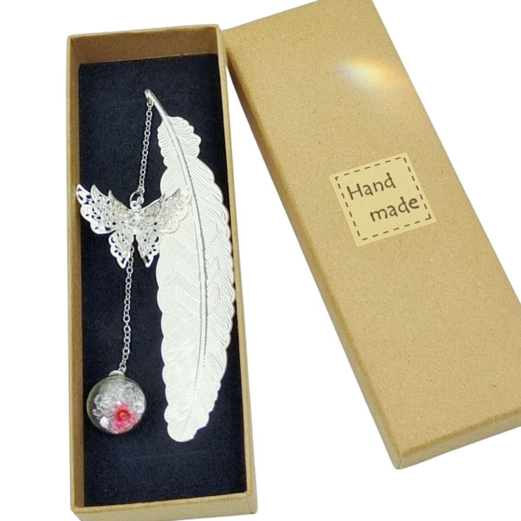 Chinese Style Dried Flower Bookmark with Feather, Metal Butterfly & Tassel - Ideal Teacher's Day Gift