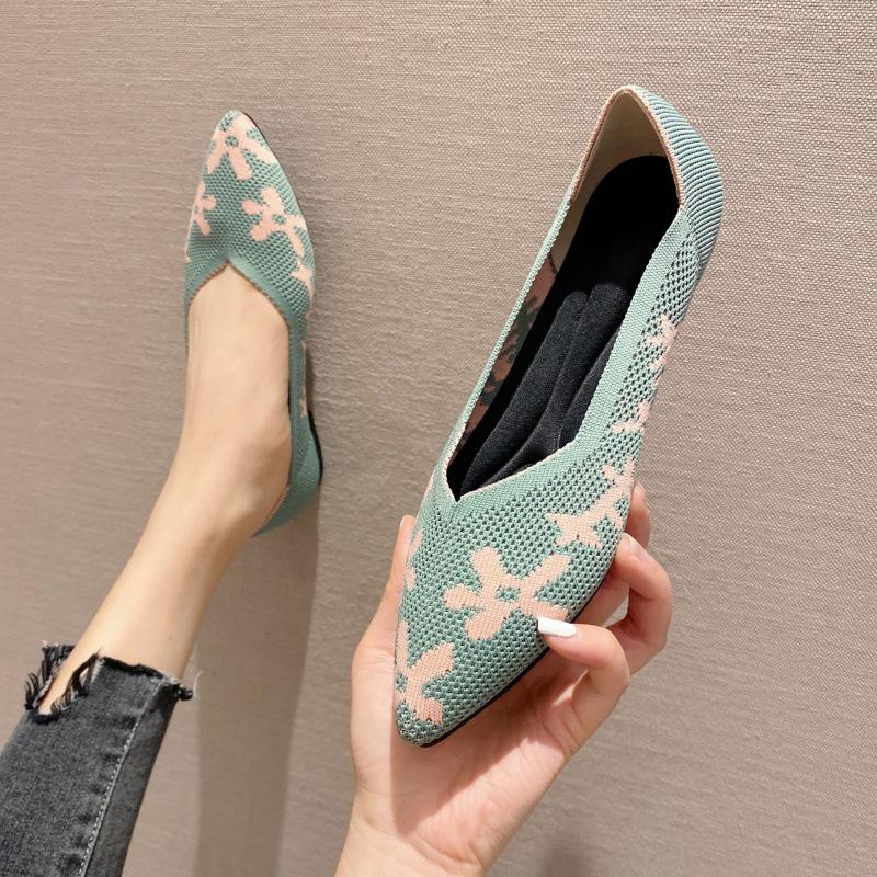 Flying single shoes women's new knitted mid-heel pointed breathable woven shoes fashionable shallow flat shoes