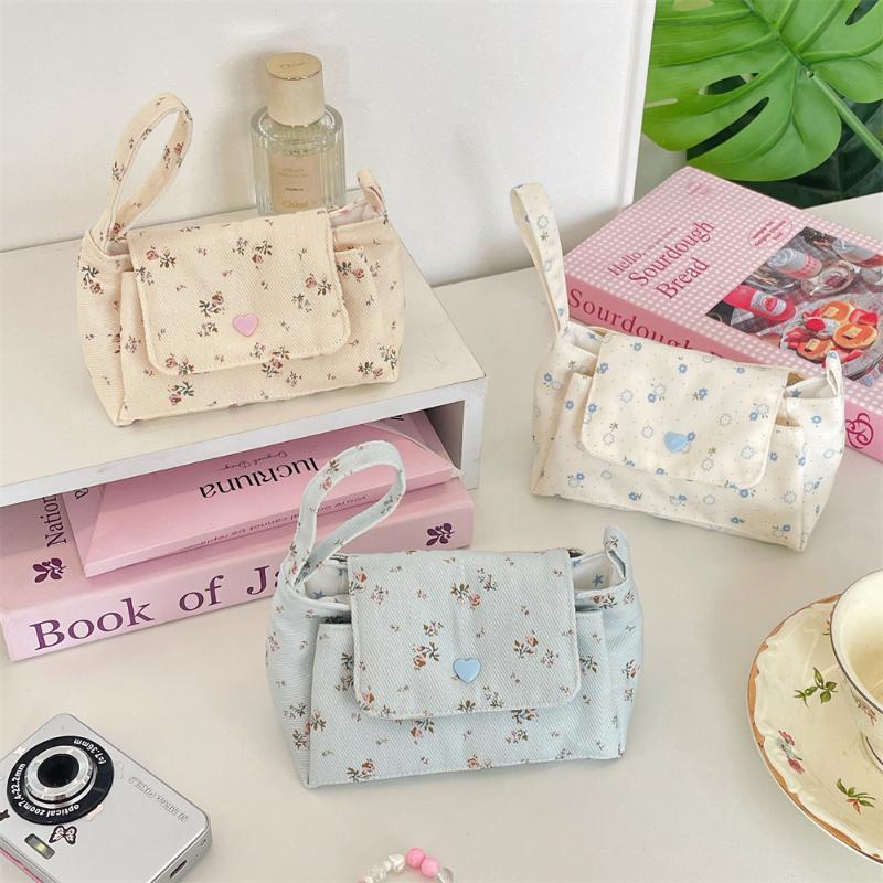 Print Floral Makeup Bag Snap Button Soft Cotton Cosmetic Pouch Flower Fabric Handle Layered Storage Bag School Students