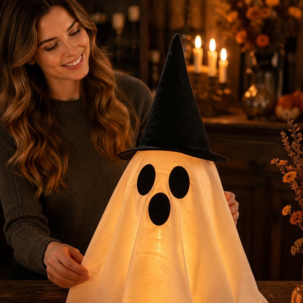50cm Light Up Ghost Decoration with Hat for Indoor Outdoor Use Halloween Themed Fabric and Plastic Figure for Display