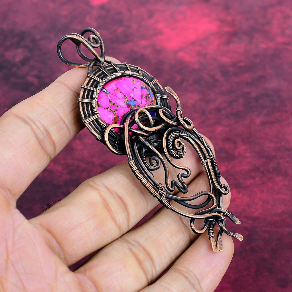 Natural Kingman Pink Dahlia Turquoise Pendant Gemstone Copper Wire Wrapped Jewelry
