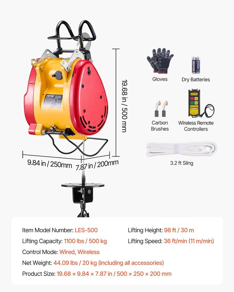 2-in-1 Portable Electric Hoist Winch 1100LBS Wired/Wireless Remote Control