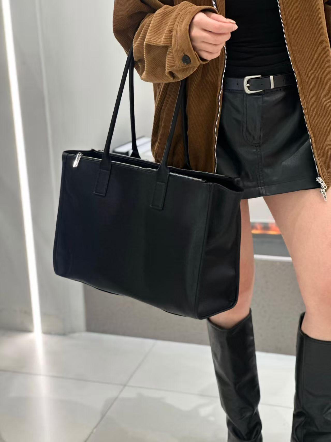 

Large-capacity Multi-compartment Diagonal Straddle Bag Niche Simple Tote Authentic Leather Fashionable Portable Briefcase Single Shoulder Length: 40X15X27cm чёрный
