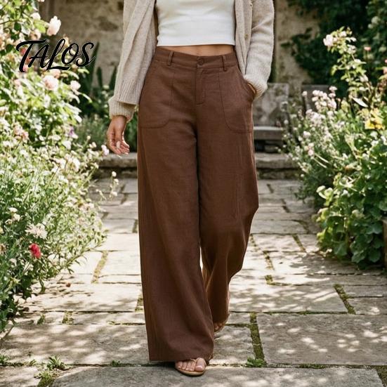Bequeme Hose Baumwolle Leinen Weites Bein für Damen, Lockerer Knopf Elastischer Bund Arbeitsbund Freizeit Hose, Einfarbige Palazzo mit Taschen