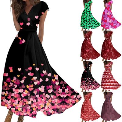 Women's Long Casual Dress Spring Summer Short Sleeve V-Neck Waist Retraction Printed Dress