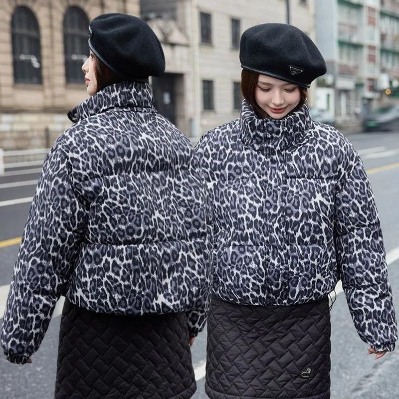 Giacca Imbottita in Cotone con Stampa Leopardata da Donna Parka Invernale Caldo Cappotto di Cotone Moda Capispalla con Cappuccio Soprabito Femminile