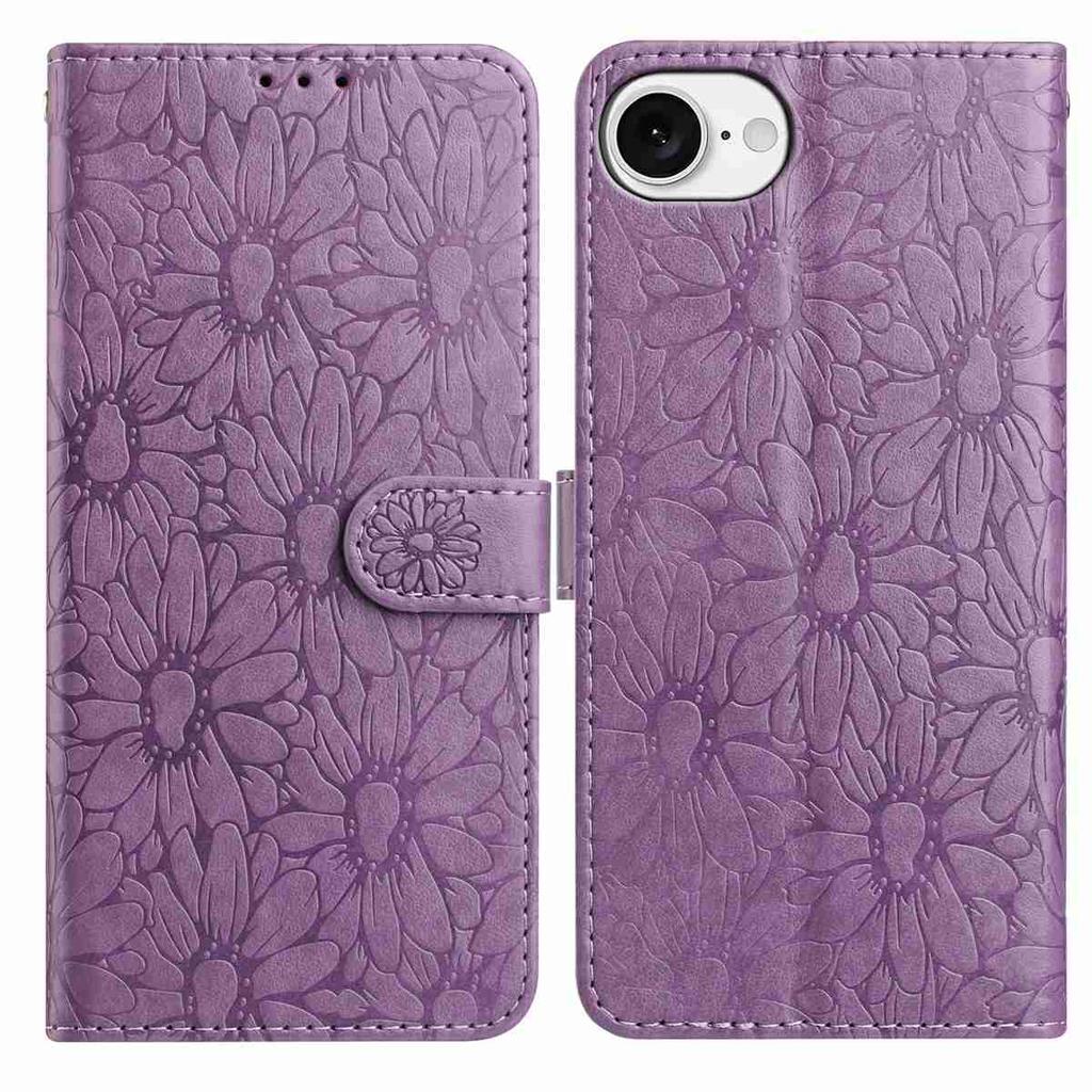 For iPhone 16e Leather Case Daisy Imprint Wallet Stand Phone Protective Cover