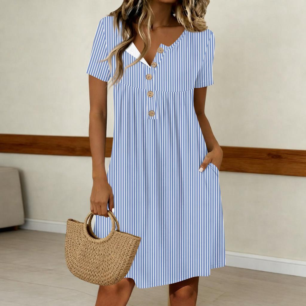 Women's Fashion Striped Print Round Neck Short Sleeve Buttoned Casual Dress