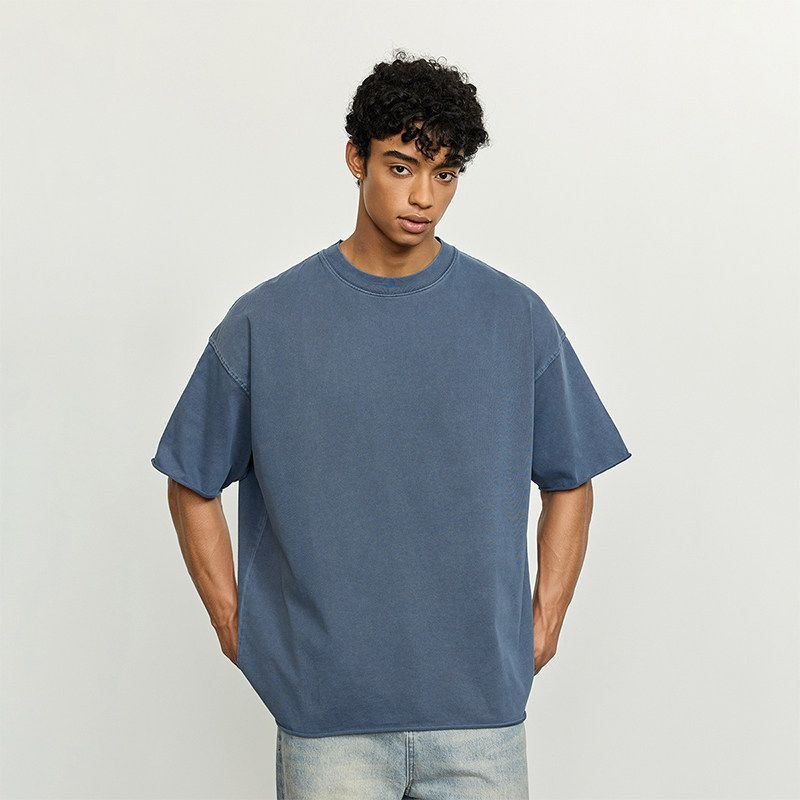 Black of Exit High Street Heavy-Duty Washed Distressed Raw Edge Short-Sleeve Cleanfit Loose Fit T-Shirt Pure Cotton