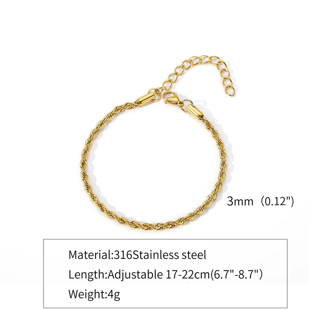 2-5MM Stainless Steel Bracelet For Women Men Gold Color Twist Rope Chain Bangle With Extended Chain Waterproof Party Jewelry